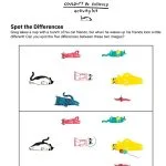 A children's activity sheet titled "Spot the Difference" with colorful illustrations of cats, challenging the viewer to find five differences between two images.