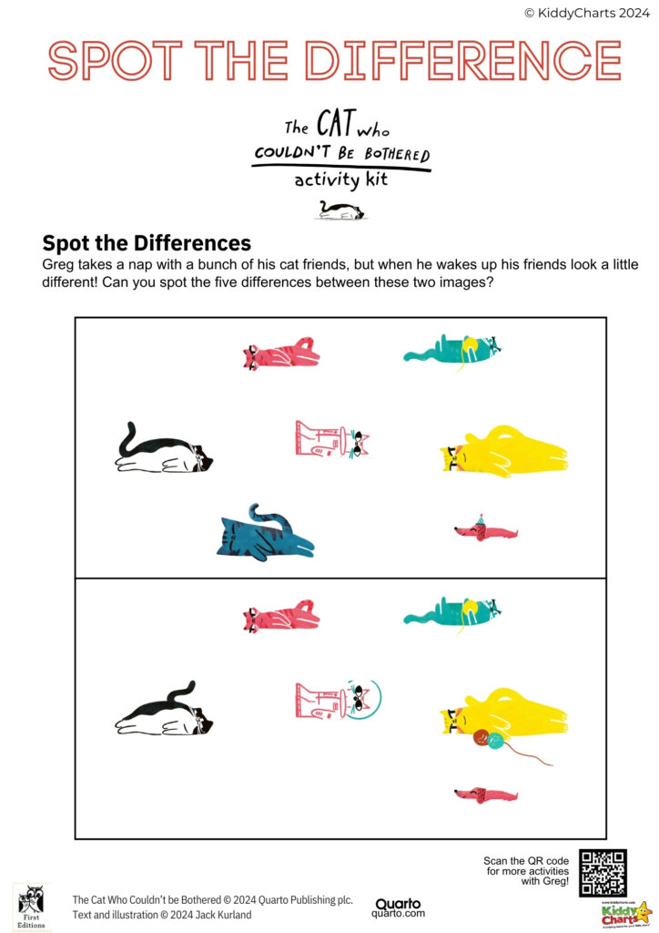 A children's activity sheet titled "Spot the Difference" with colorful illustrations of cats, challenging the viewer to find five differences between two images.