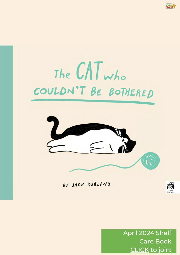 The image shows a book cover titled "The CAT who COULDN'T BE BOTHERED" by Jack Kurland. A lazy cat lies near a ball of yarn.