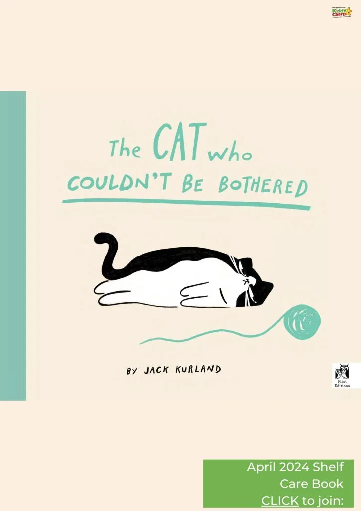 The image shows a book cover titled "The CAT who COULDN'T BE BOTHERED" by Jack Kurland. A lazy cat lies near a ball of yarn.