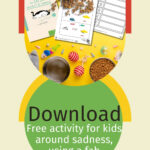 The image features a promotional flyer offering a free download of activity materials for kids about managing sadness, with cat-themed items and worksheets.
