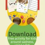 The image features a promotional flyer offering a free download of activity materials for kids about managing sadness, with cat-themed items and worksheets.