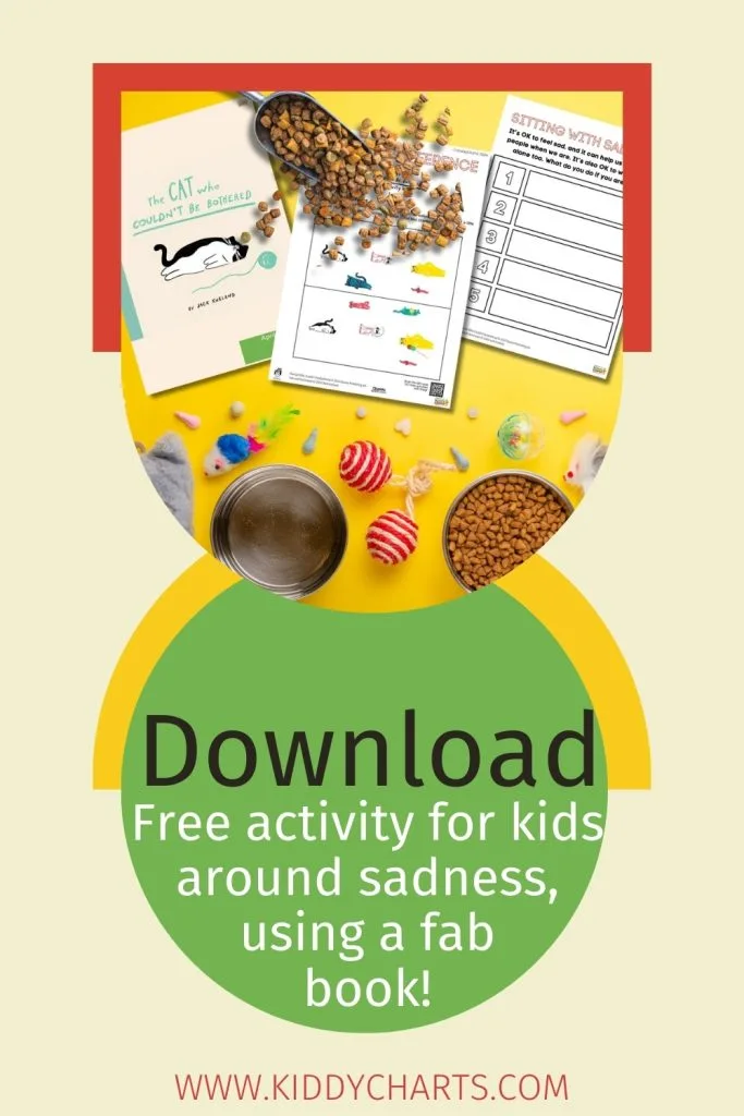 The image features a promotional flyer offering a free download of activity materials for kids about managing sadness, with cat-themed items and worksheets.