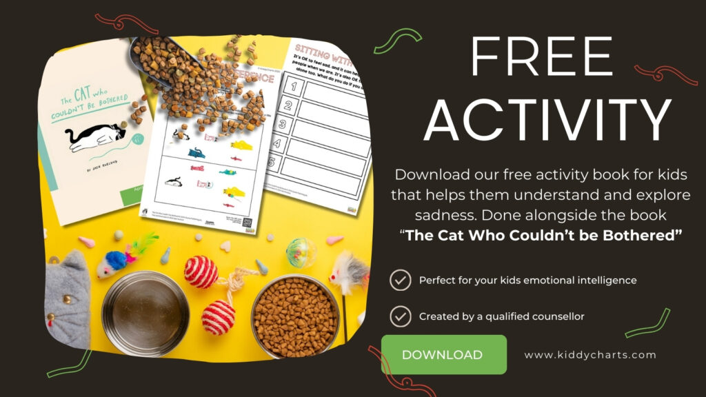 The image shows a colorful advertisement for a free kids' activity book titled "The Cat Who Couldn't be Bothered," with a cat-themed worksheet, cat toys, and a bowl of cat food.