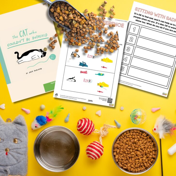 A cat-themed setting with books, worksheets, scattered kibble, toys, and an empty bowl on a yellow background, suggesting pet care or educational activities.