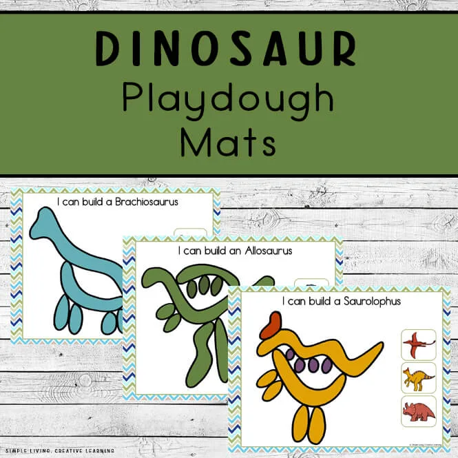 Dinosaur playdough mats displayed on wooden background, featuring Brachiosaurus, Allosaurus, and Saurolophus designs for creative educational activities.