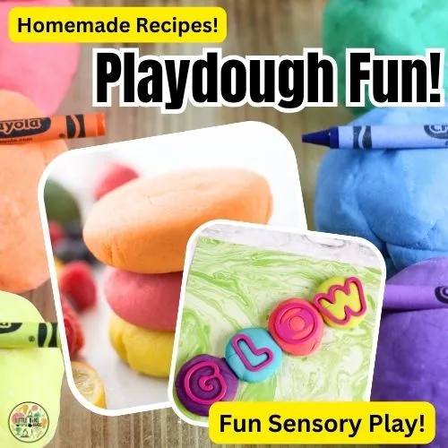 Colorful playdough and crayons displayed with text highlighting homemade recipes and sensory play. Bright, engaging visuals emphasize creativity and fun activities.