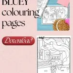 Coloring pages of animated characters from "Bluey." Download option available. Background includes a bowl of cereal and a pink note.