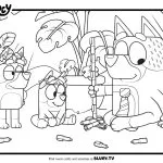 Cartoon dogs with flower crowns play in a jungle-themed setting, surrounded by large leaves and crafting supplies, promoting activities on Bluey.tv.