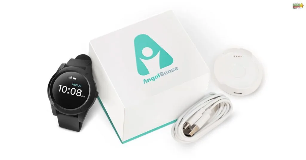 Smartwatch with black strap shows 10:08 AM. Included are a white charging dock, USB cable, and AngelSense branded packaging.