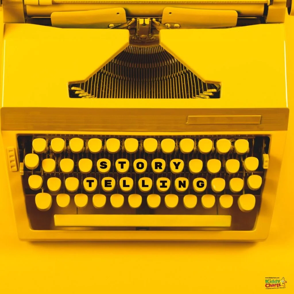 A yellow typewriter with "STORY TELLING" typed on keys, symbolizing creativity and communication, set against a matching yellow background.