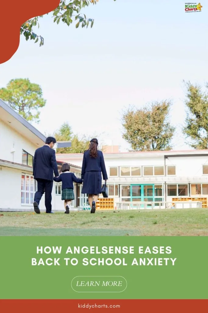 Two persons and a child walk towards a school building, emphasizing easing back-to-school anxiety. Grass and trees surround the area.