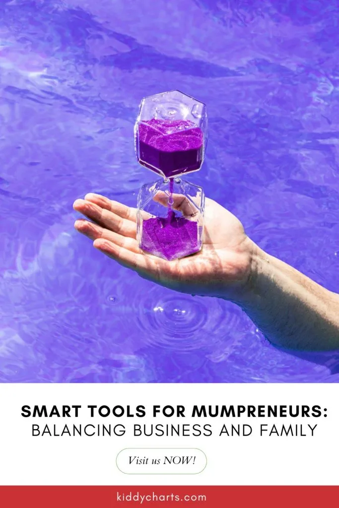 A person's hand holding an hourglass with purple sand over vibrant blue water. Text below discusses tools for balancing business and family.
