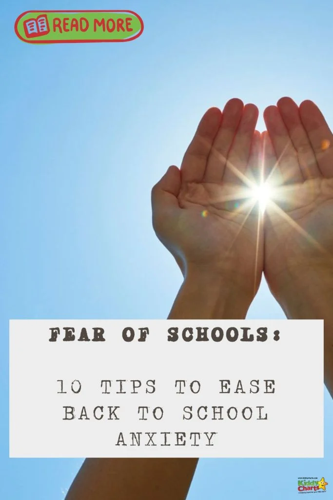 Hands framing sunlight against blue sky; "Fear of Schools: 10 Tips to Ease Back to School Anxiety" text overlay, with "Read More" button above.