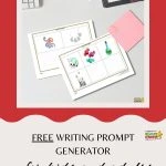 Promotional image for a free writing prompt generator. Includes creative worksheets, keyboard, cup, and plant on a light desk.