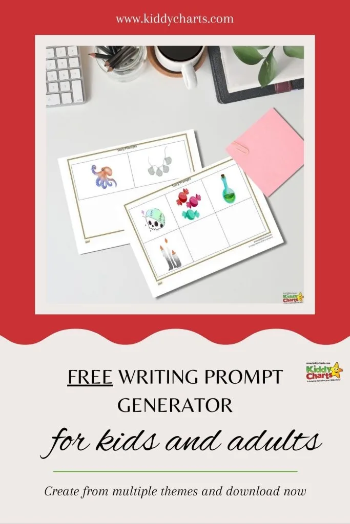 Promotional image for a free writing prompt generator. Includes creative worksheets, keyboard, cup, and plant on a light desk.