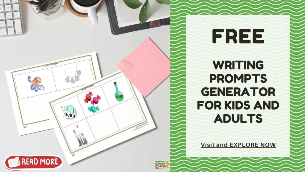 Desk with stationary, two illustrated story prompt sheets featuring colorful objects, and an advertisement for a free writing prompts generator.
