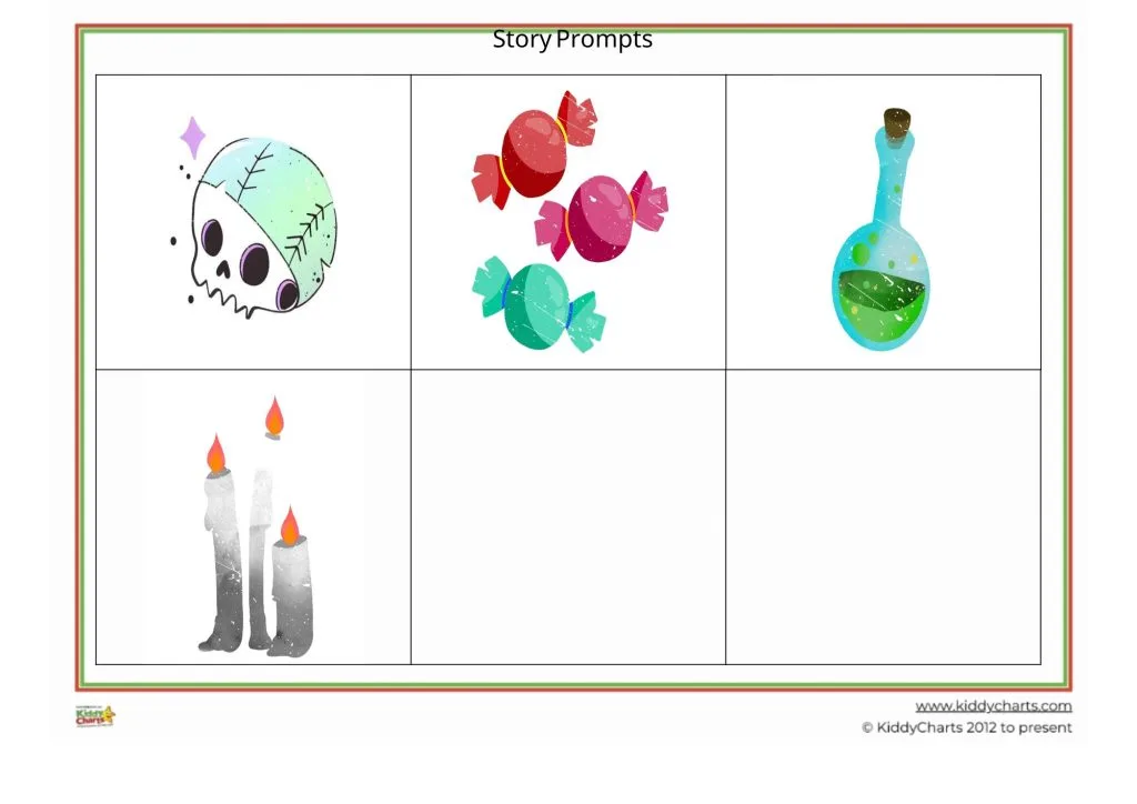 Divided grid with colorful illustrations: a skull, candies, potion bottle, and three burning candles. Titled "Story Prompts."