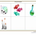 Divided grid with colorful illustrations: a skull, candies, potion bottle, and three burning candles. Titled "Story Prompts."