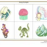Story prompts include: winter boots, cupcake, unicorn with lion, bear on unicycle, dinosaur, and mountains with snowman. Vibrant pastel illustrations.