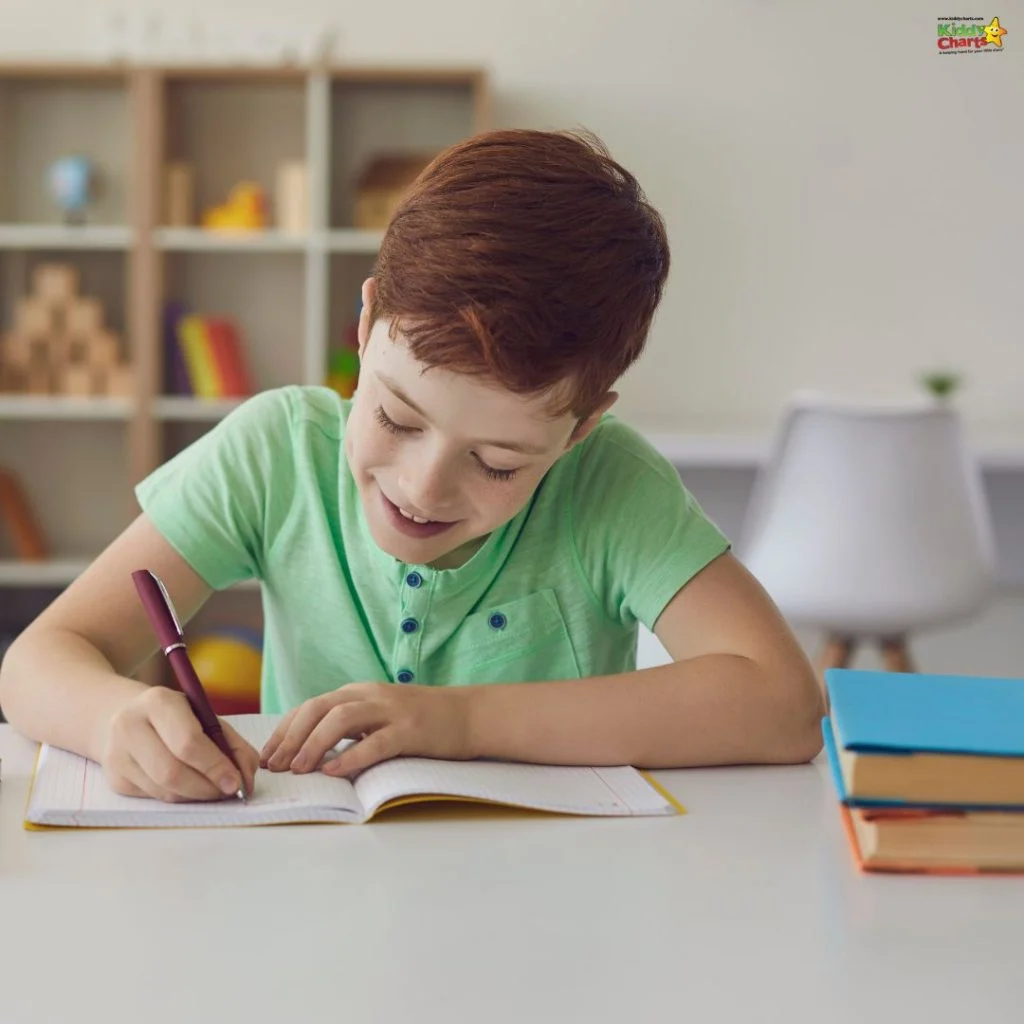 A child in a green shirt happily writes in a notebook at a desk, with shelves and colorful books in the background.