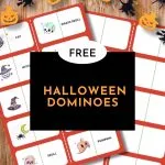 Halloween-themed domino game advertisement features pumpkins, witches, and skulls on a wooden background. Download button for free Halloween dominoes.