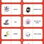 A Halloween-themed game card features illustrations of a cat, pirate skull, witch, spooky face, hat, Day of the Dead, spider, skull mask, skull, and pumpkin.