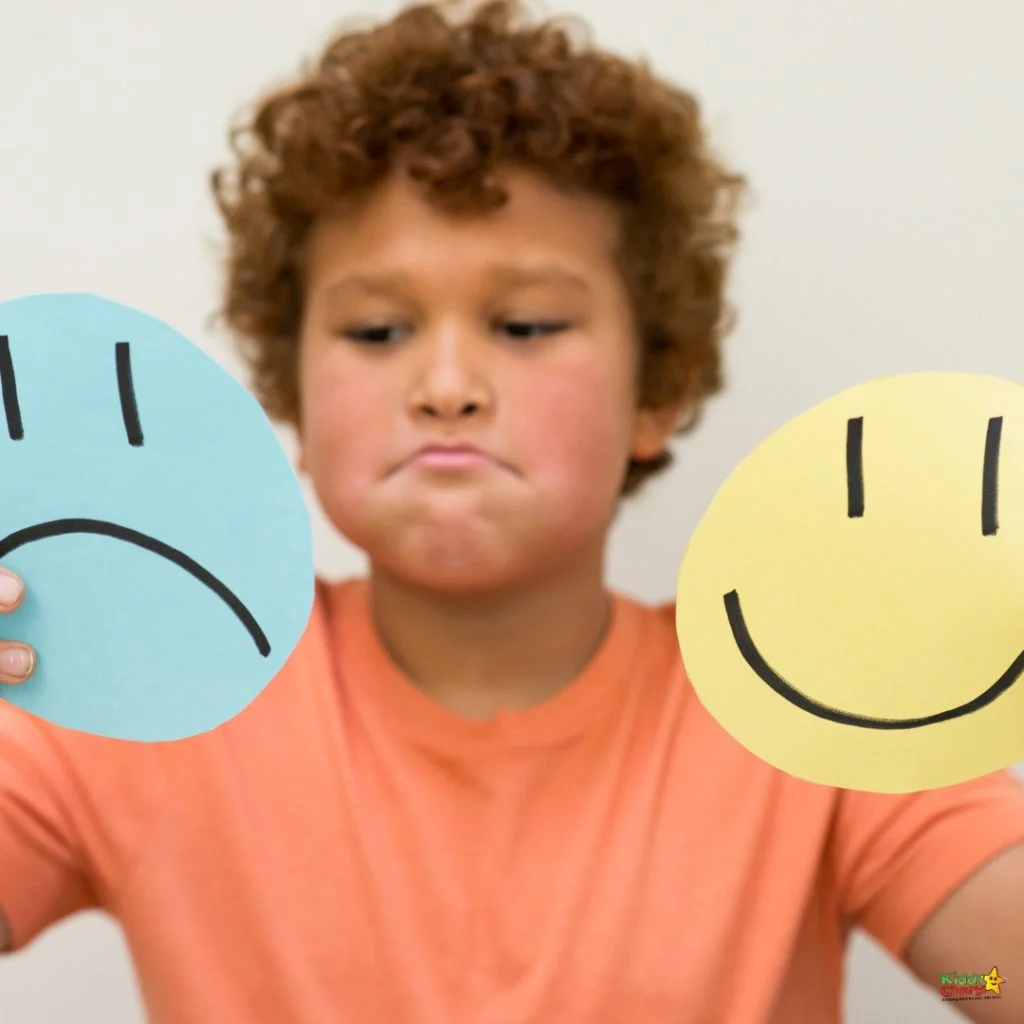 A child in an orange shirt holds up sad and happy face cutouts, expressing different emotions. The background is plain and neutral.
