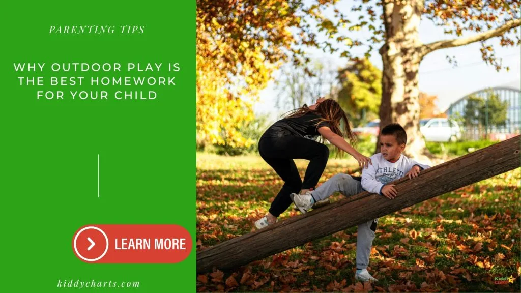 Children play on a wooden log in an autumn park setting, surrounded by leaves and trees. Green text banner promotes outdoor play benefits.