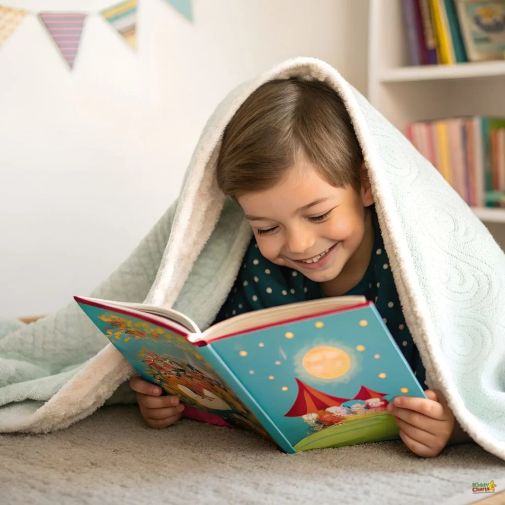 A child joyfully reads a colorful storybook under a blanket on a soft, gray surface, surrounded by bookshelves and decorative bunting.