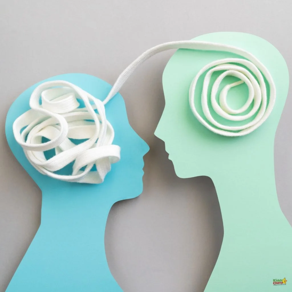Two colorful silhouettes face each other, connected by a white ribbon representing communication or connection between minds.