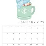 A January 2026 calendar page with cartoon mug of hot chocolate, marshmallows, blue knitted hat. Blank grid for days of the month.