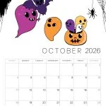 Calendar page for October 2026 with playful ghosts, pumpkins, bat, and spider, surrounded by cobwebs. No recognizable landmarks present.