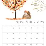 Whimsical November 2026 calendar features a tree with autumn leaves, cute hedgehog, festive fireworks, and hanging stars, capturing a cozy fall atmosphere.