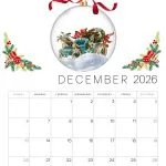 Festive December 2026 calendar features a decorative Christmas ornament with vintage car, holly, and red ribbon, surrounded by holiday greenery.