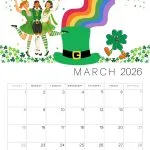 Three people dance joyfully in green attire surrounded by shamrocks, a rainbow, and a leprechaun hat, above a March 2026 calendar.
