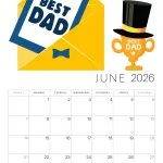 It's a June 2026 calendar featuring "Best Dad" card and trophy illustrations, with a yellow envelope, bow tie, and top hat.