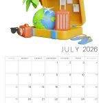 A colorful illustration of a vacation theme: suitcase, globe, palm tree, camera, hat, sunglasses, calendar page for July 2026.