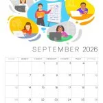 Calendar page for September 2026 with illustrated people using laptops, book, and presentation. No landmarks or historical buildings visible.
