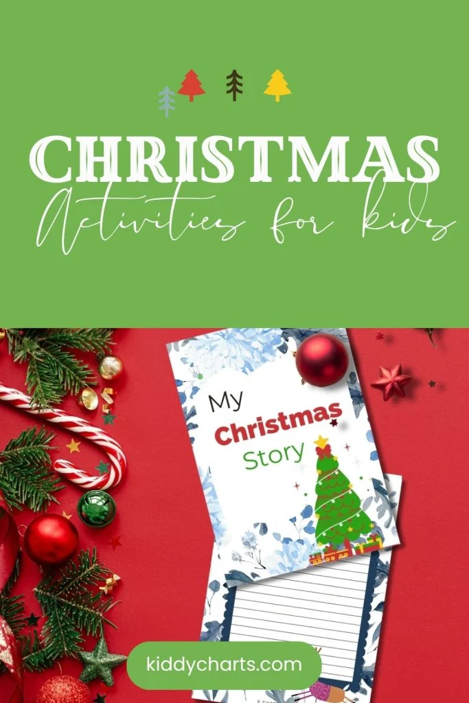 Festive green-themed Christmas activities poster featuring holiday decorations, candy canes, and a "My Christmas Story" booklet for kids from kiddycharts.com.