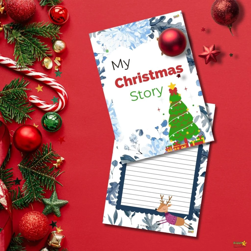 Festive Christmas scene with a "My Christmas Story" booklet, decorated tree, reindeer, candy canes, and baubles on a red background with greenery.