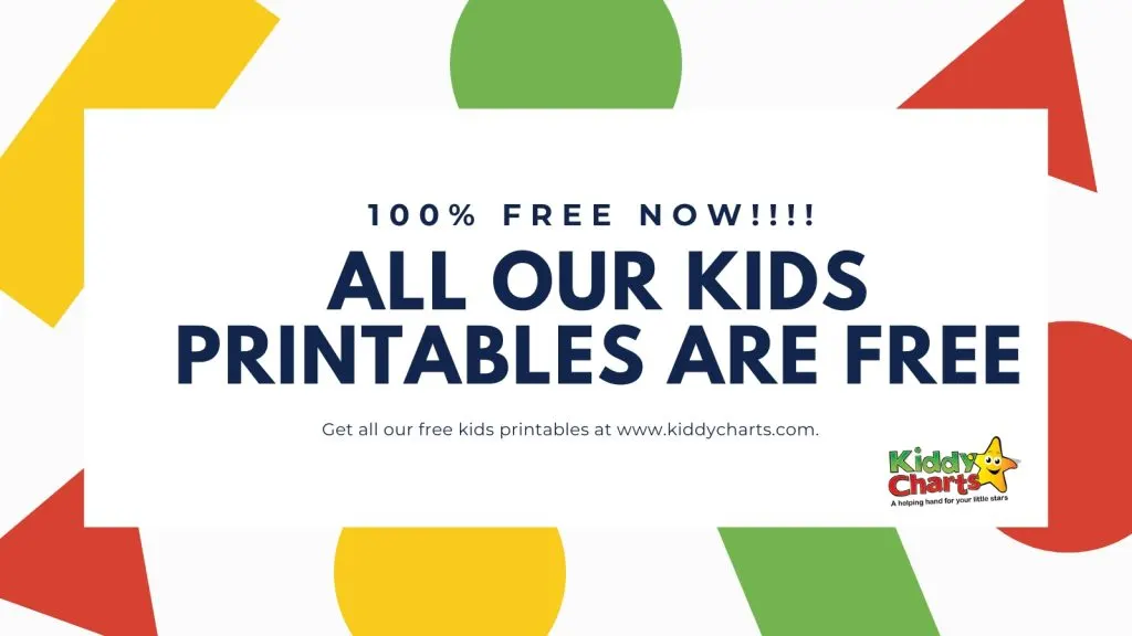 Colorful advertisement offers free kids' printables on KiddyCharts.com, featuring playful design with geometric shapes.