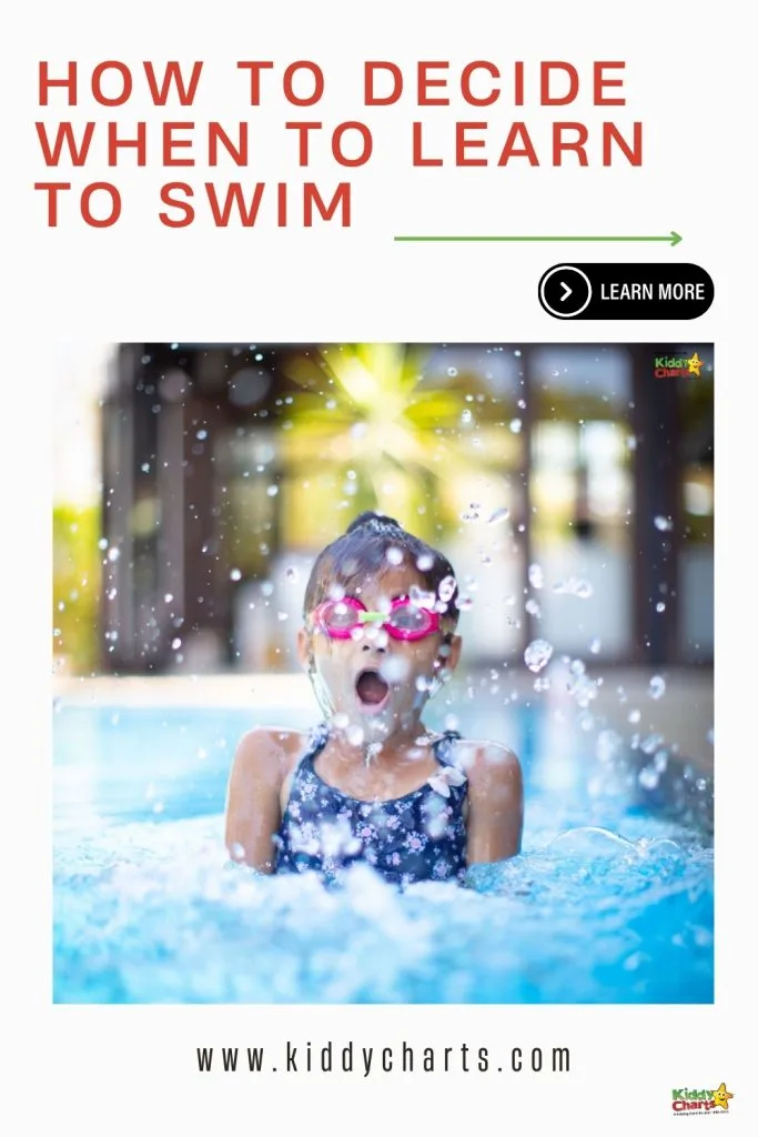 Child wearing goggles in a pool splashes water, surrounded by vibrant, defocused background. Text above discusses deciding when to learn swimming.