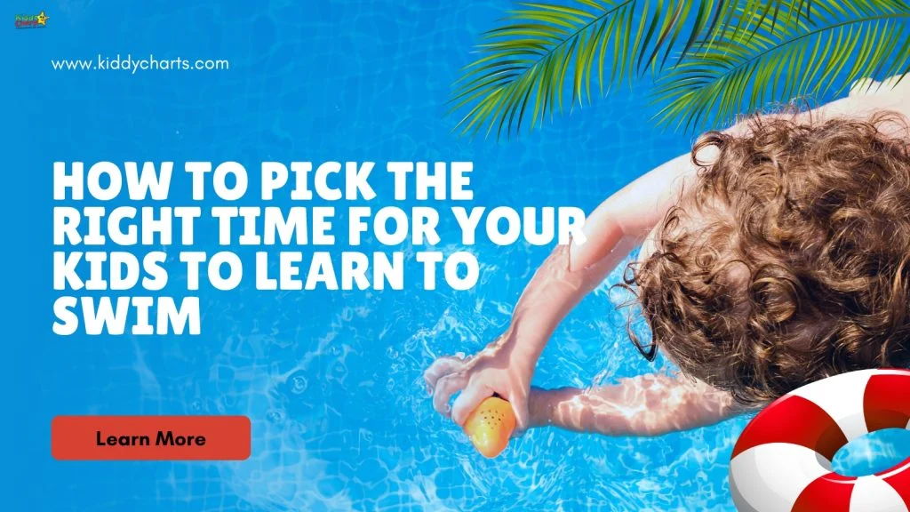 A child reaches for a pool toy in clear blue water, next to text about learning to swim. Website link and logo visible.