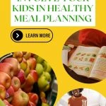 Colorful poster promoting how to involve kids in healthy meal planning. Images show fruits, an open book, and a family at breakfast table.