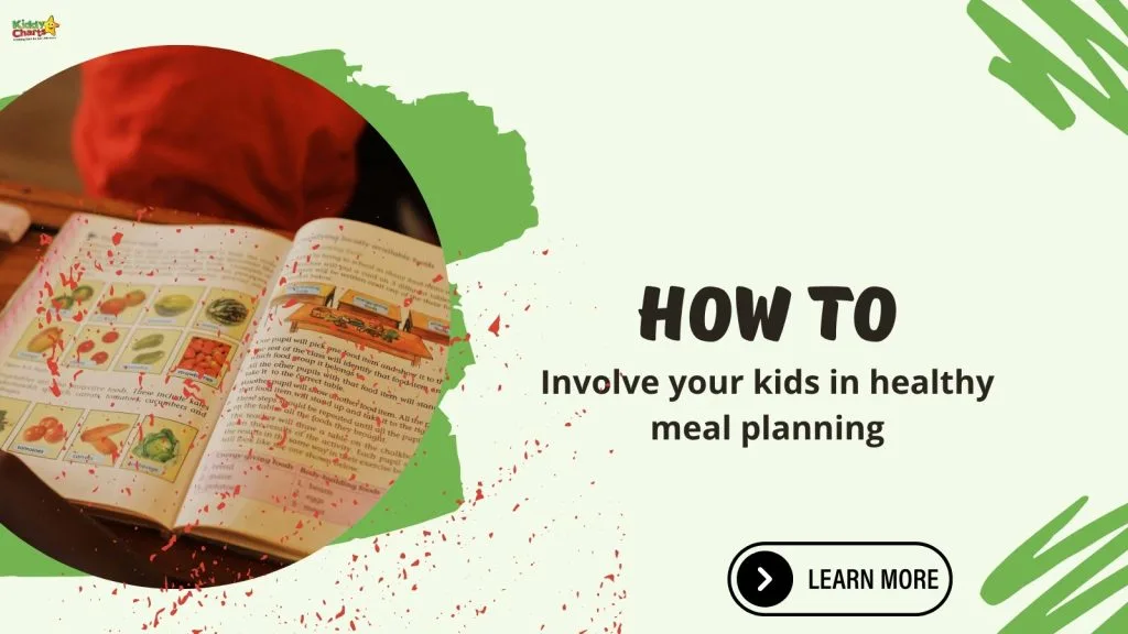 Open book with fruit images beside text: "How to involve your kids in healthy meal planning." Clickable button for more information.