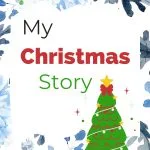 Festive book cover with text "My Christmas Story," featuring a decorated Christmas tree and blue floral border, suggesting holiday themes.