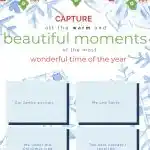 Festive flyer with snowflake and ornament designs, encouraging people to capture holiday moments. Includes sections for memories like family portraits and gifts.