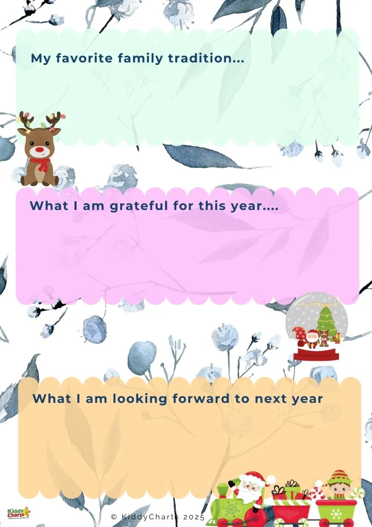 Festive-themed chart with sections titled: "My favorite family tradition," "What I am grateful for," and "What I am looking forward to."