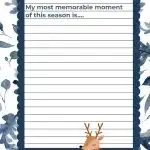 Festive writing template with blue floral border, lined space for text, and a cute reindeer wearing a sweater at the bottom.